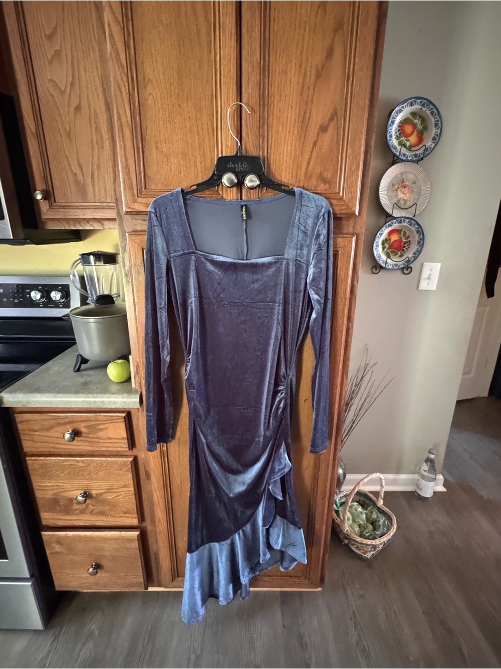 Velvet Long-Sleeve Midi Dress in Slate Blue